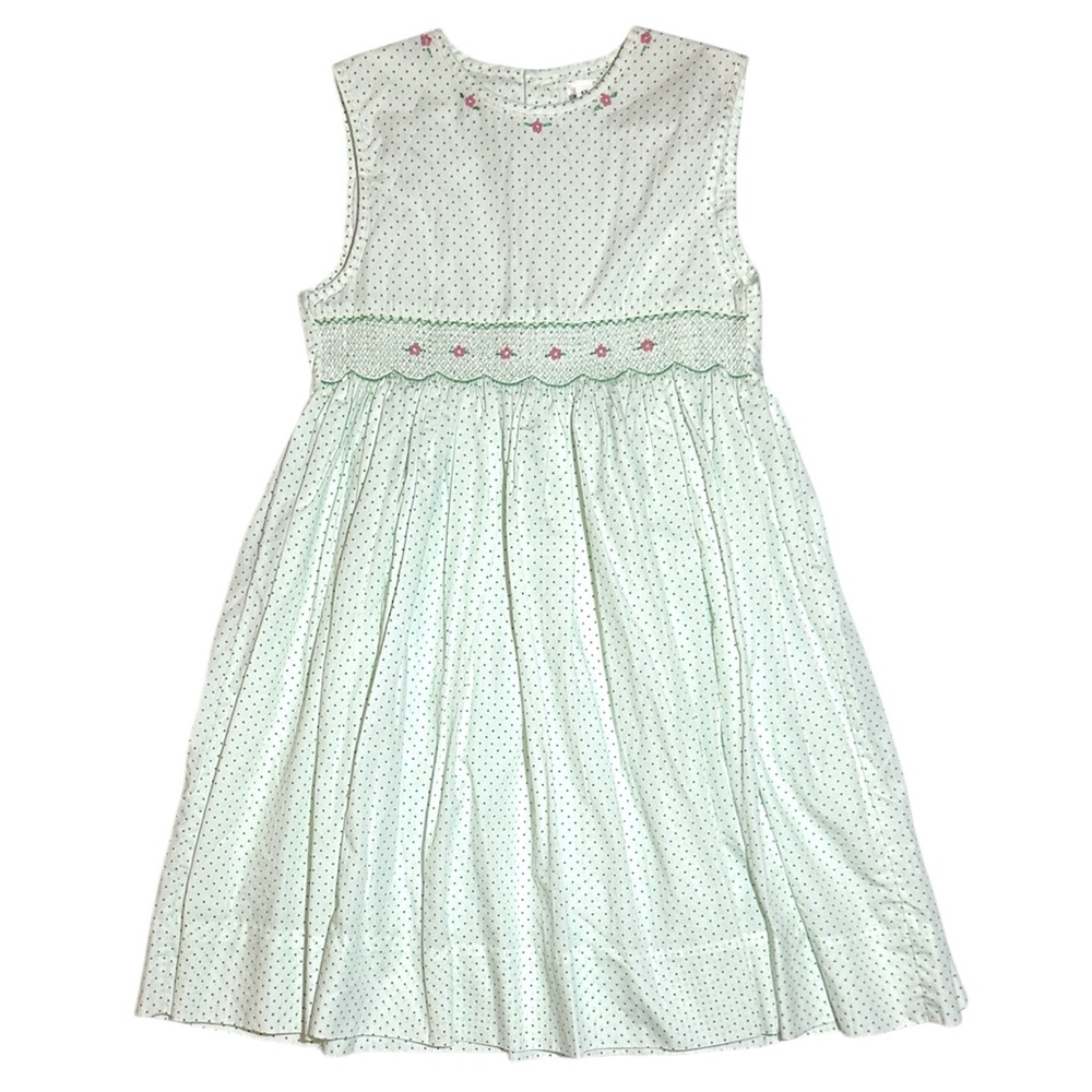 NWOT floral smocked Green Polka Dot dress with floral embroidery 6x